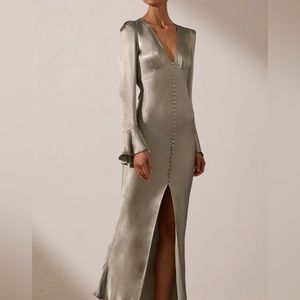 Shona Joy - La Lune Frill Cuff Bias Midi Dress in Sage - Size 8 (US)